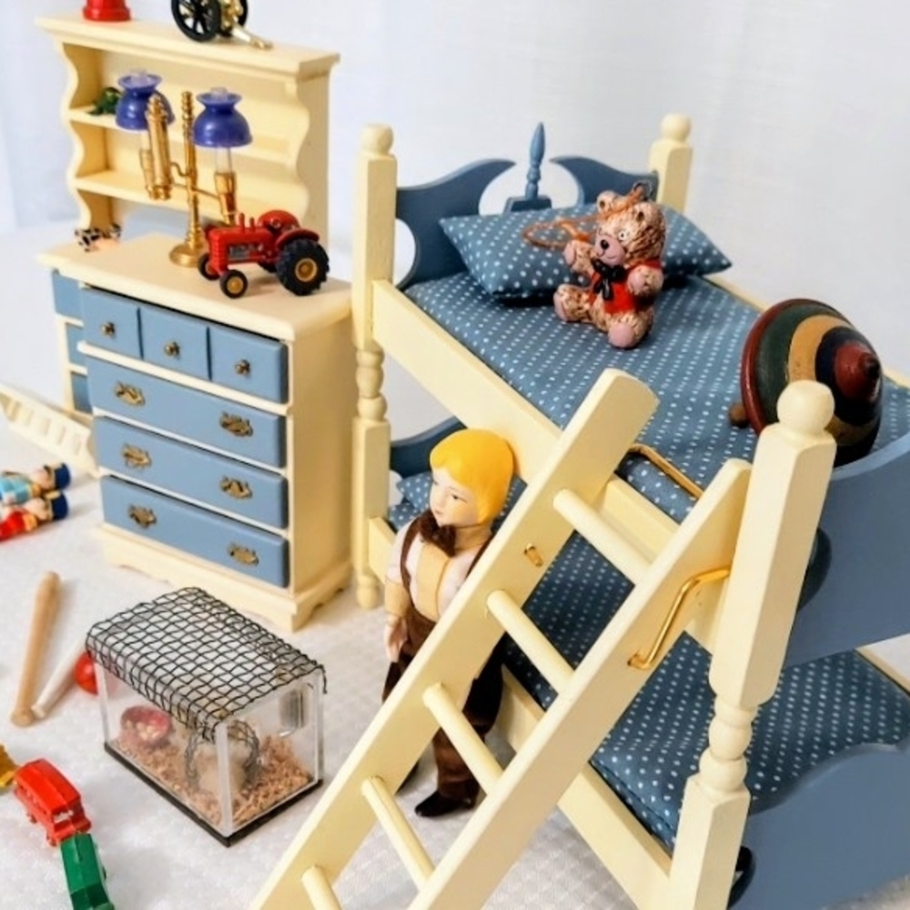 Vintage Doll House Bedroom Set with Blue and Cream Furniture